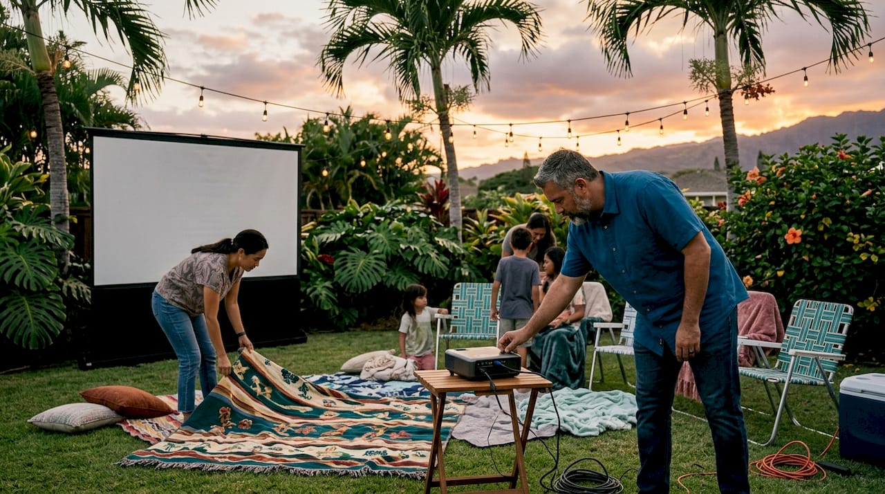 Family setting up backyard outdoor movie night