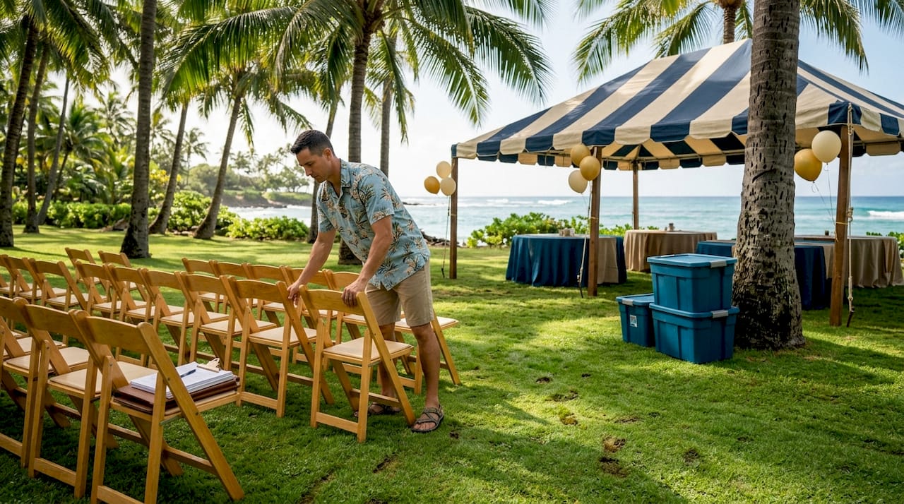 Planner arranges chairs for Oahu party outdoors