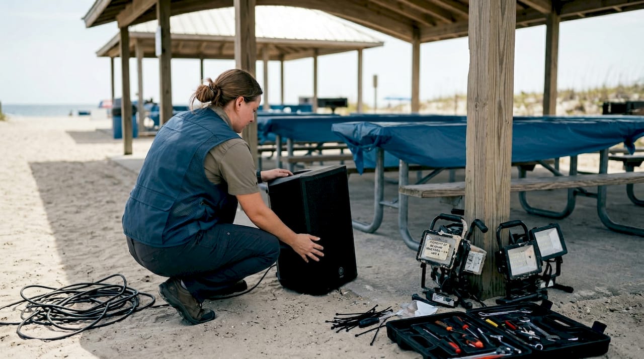 Audio tech positions speaker at beach event