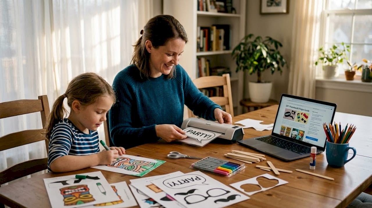 Family crafting DIY photobooth props together