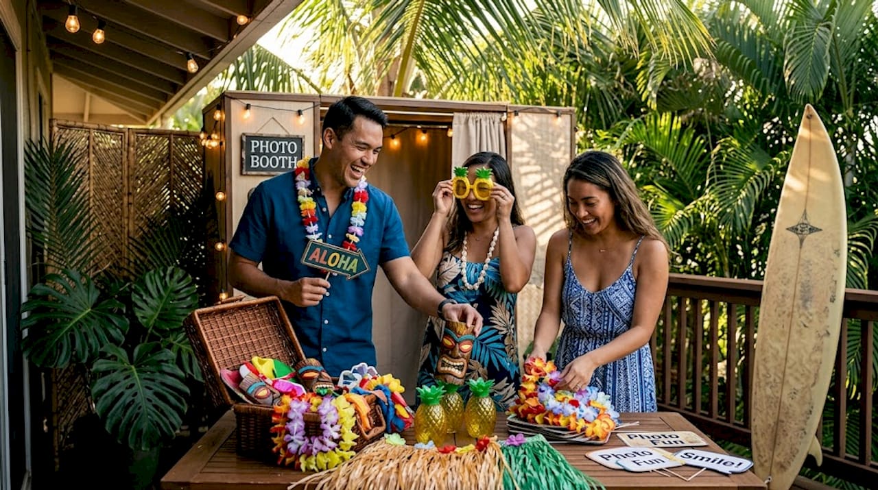 Guests selecting Hawaiian photobooth props