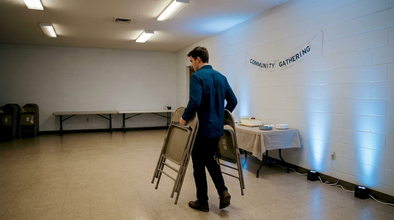Person moving chairs in partly uplighted hall
