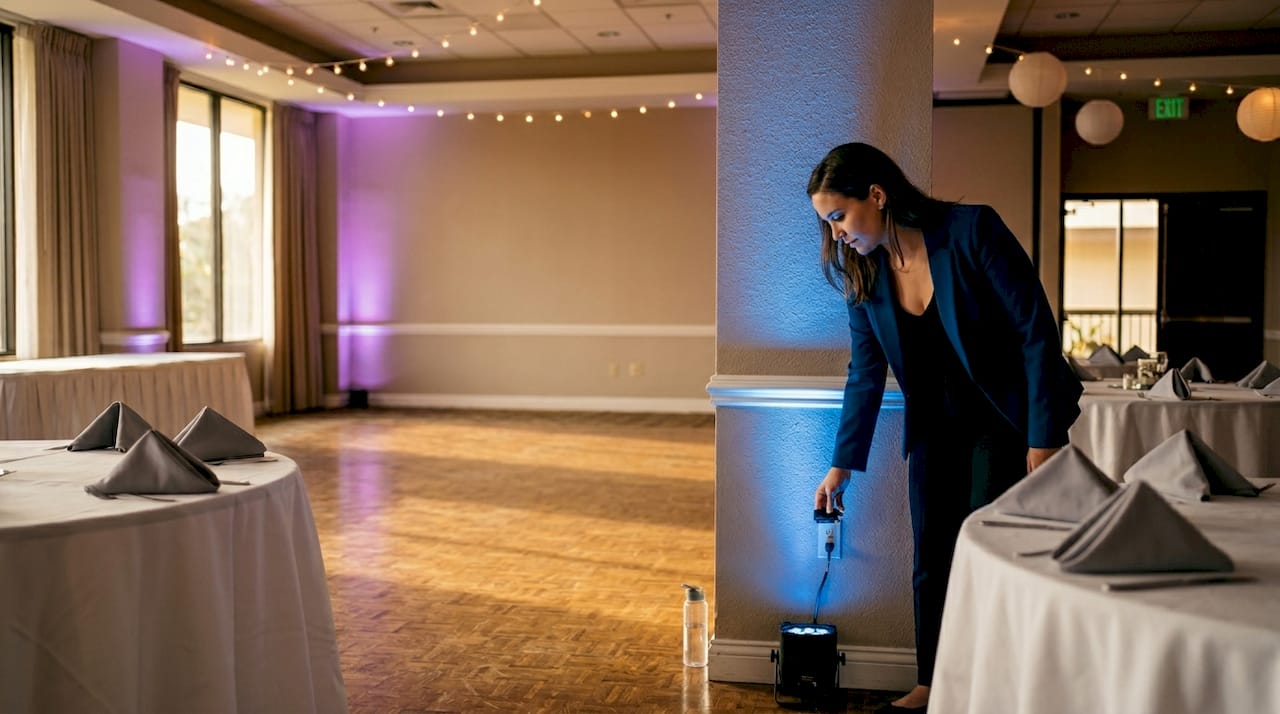 Planner adjusting uplight in Oahu ballroom