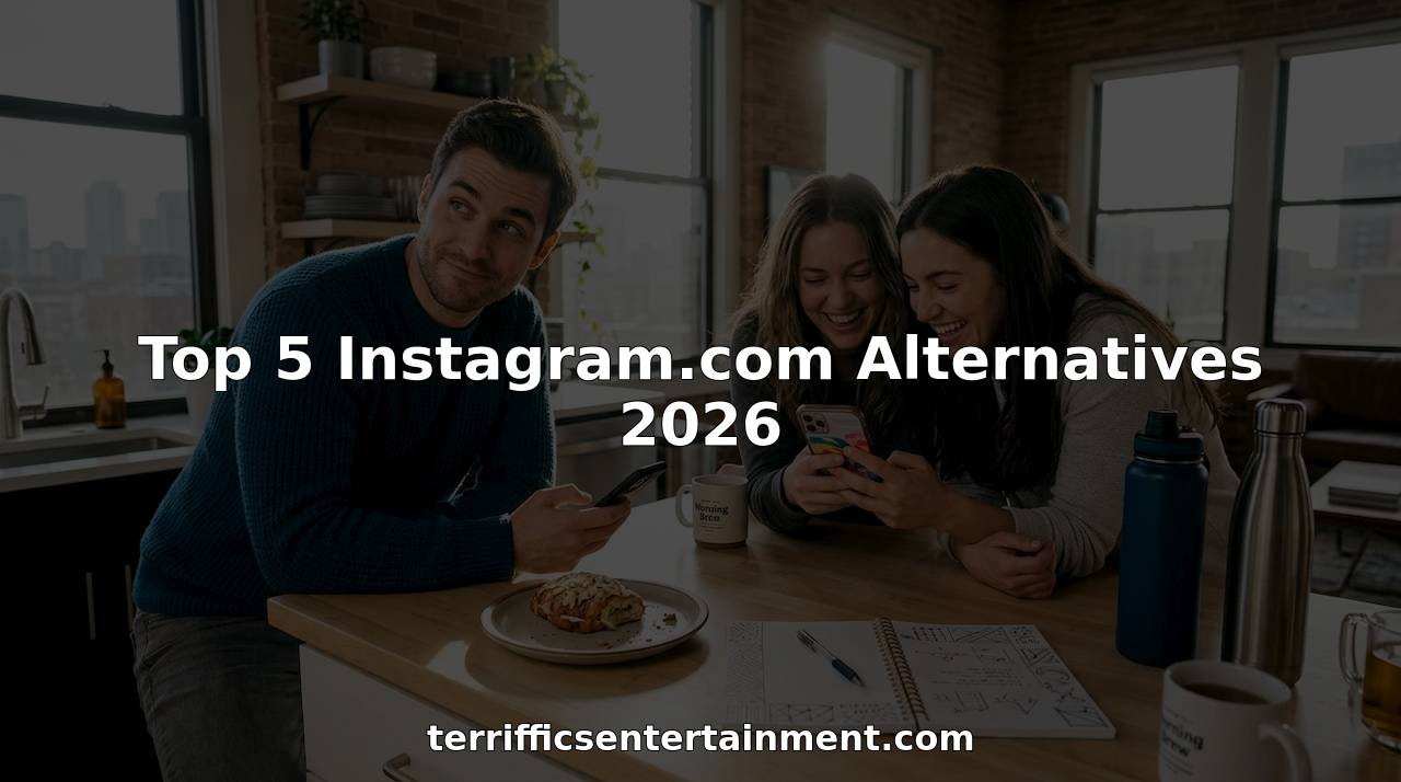 Friends browsing alternative photo sharing apps in kitchen