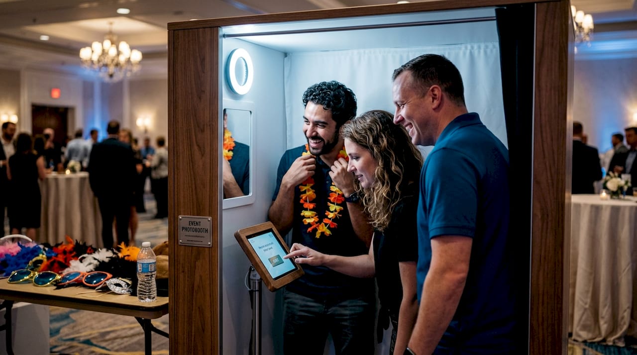 Coworkers using photobooth at corporate event