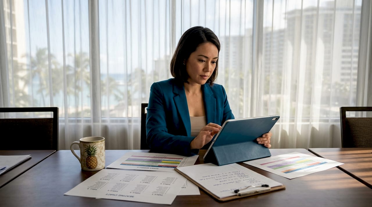 Event planner reviews schedule in Oahu meeting room