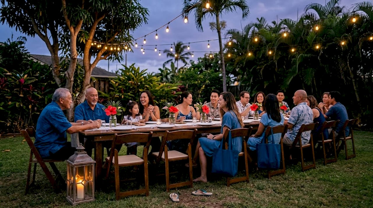Family party under string and decorative lights