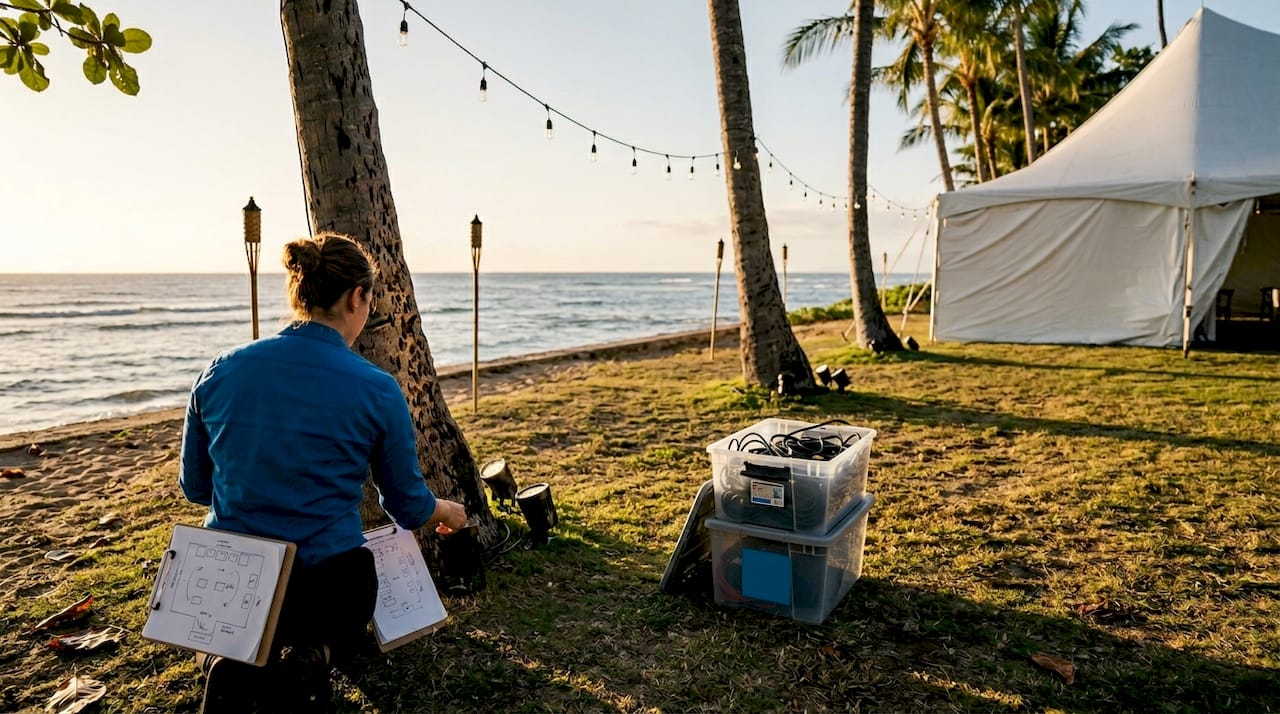 Setting up uplights at Oahu outdoor event