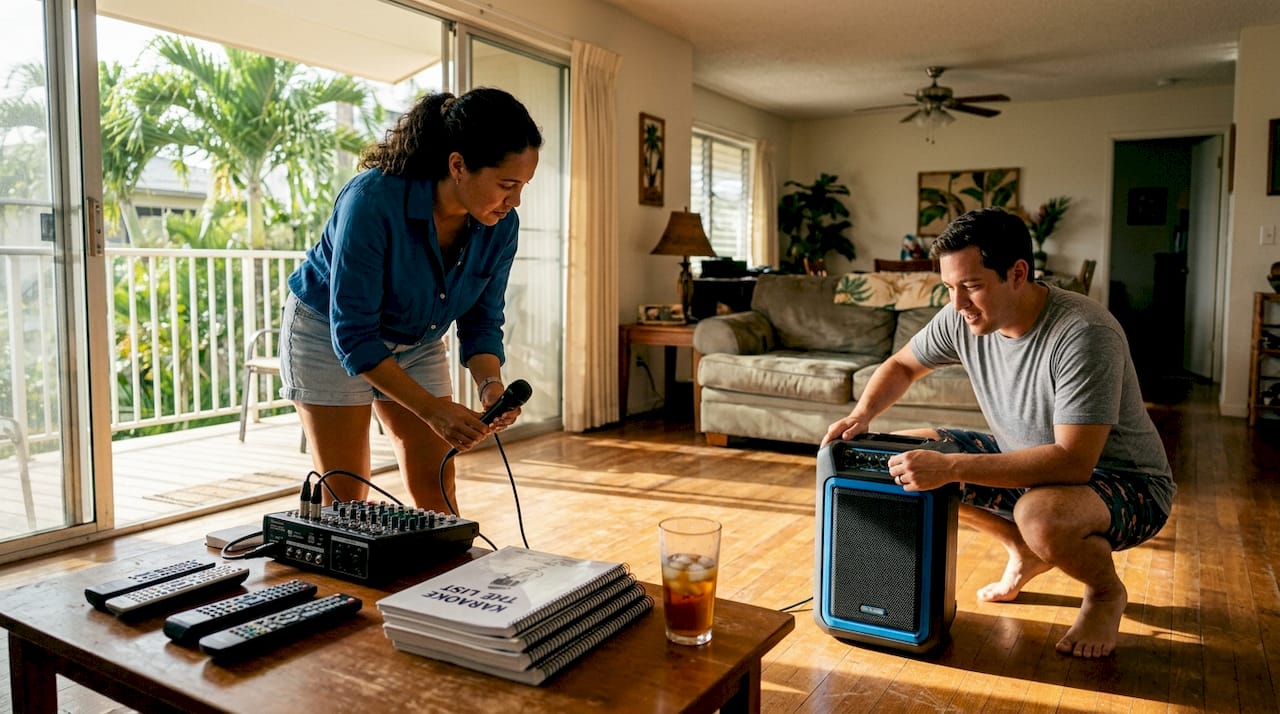 Friends preparing karaoke setup in Oahu home