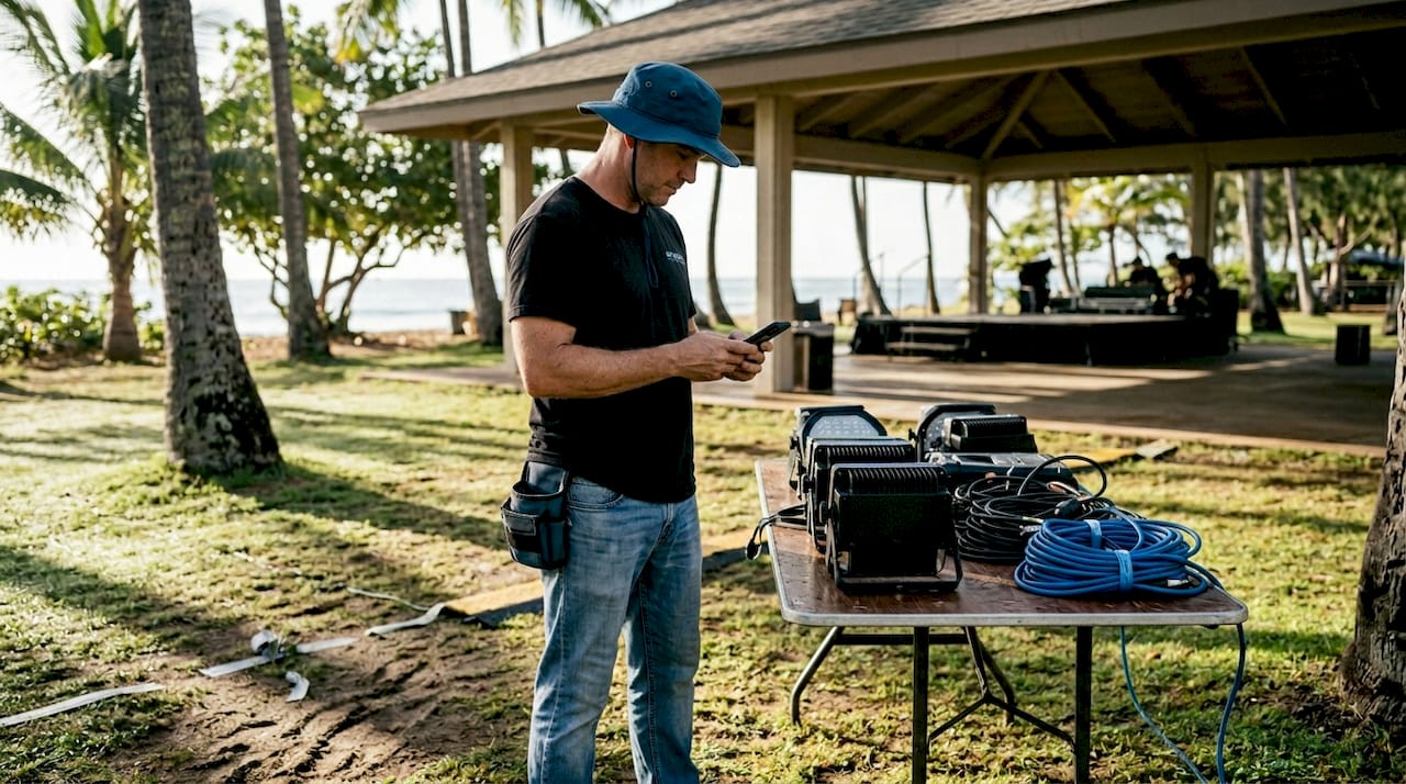 Event technician prepares outdoor lighting setup