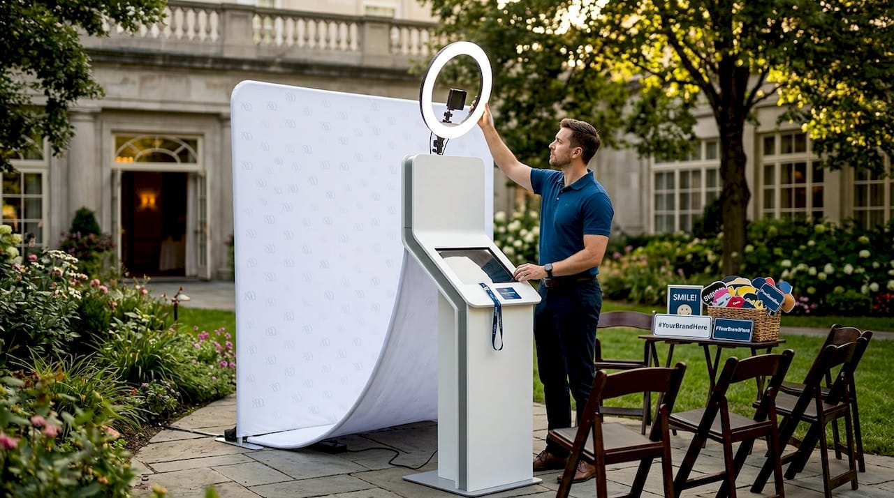Photographer sets up editorial photobooth station