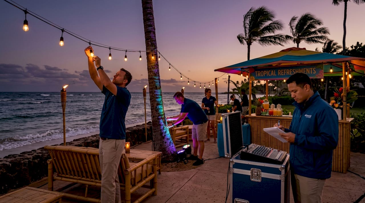 Event crew installing party lighting at Oahu beach patio