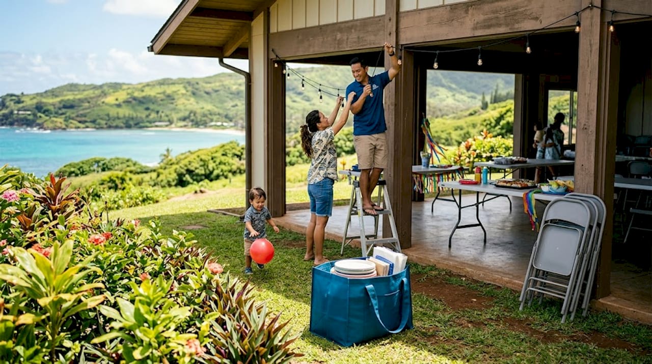 Parents preparing Oahu clubhouse for birthday party