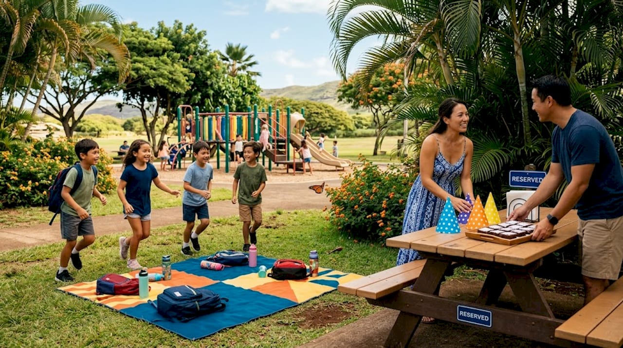 Kids and parents setting up Oahu park birthday party