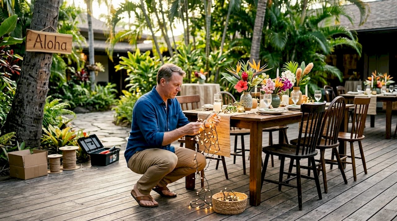 Man adjusts event lighting and décor details