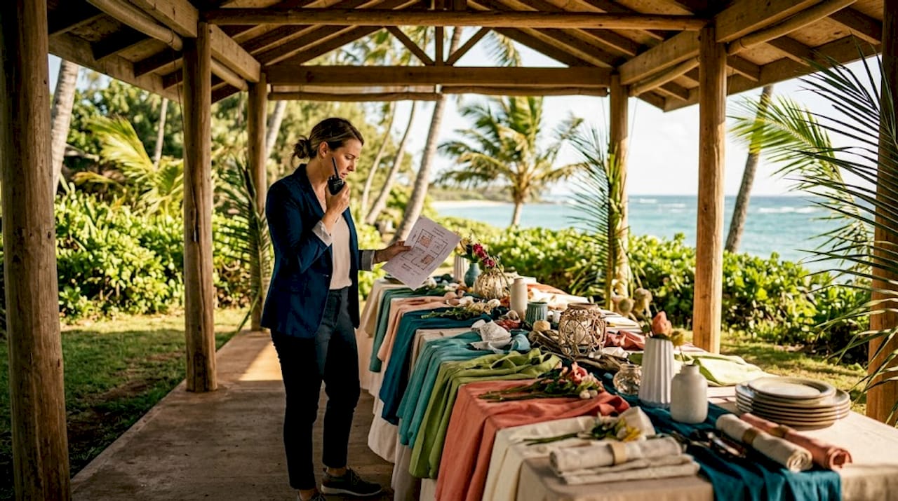 Oahu event planner inspects table setup