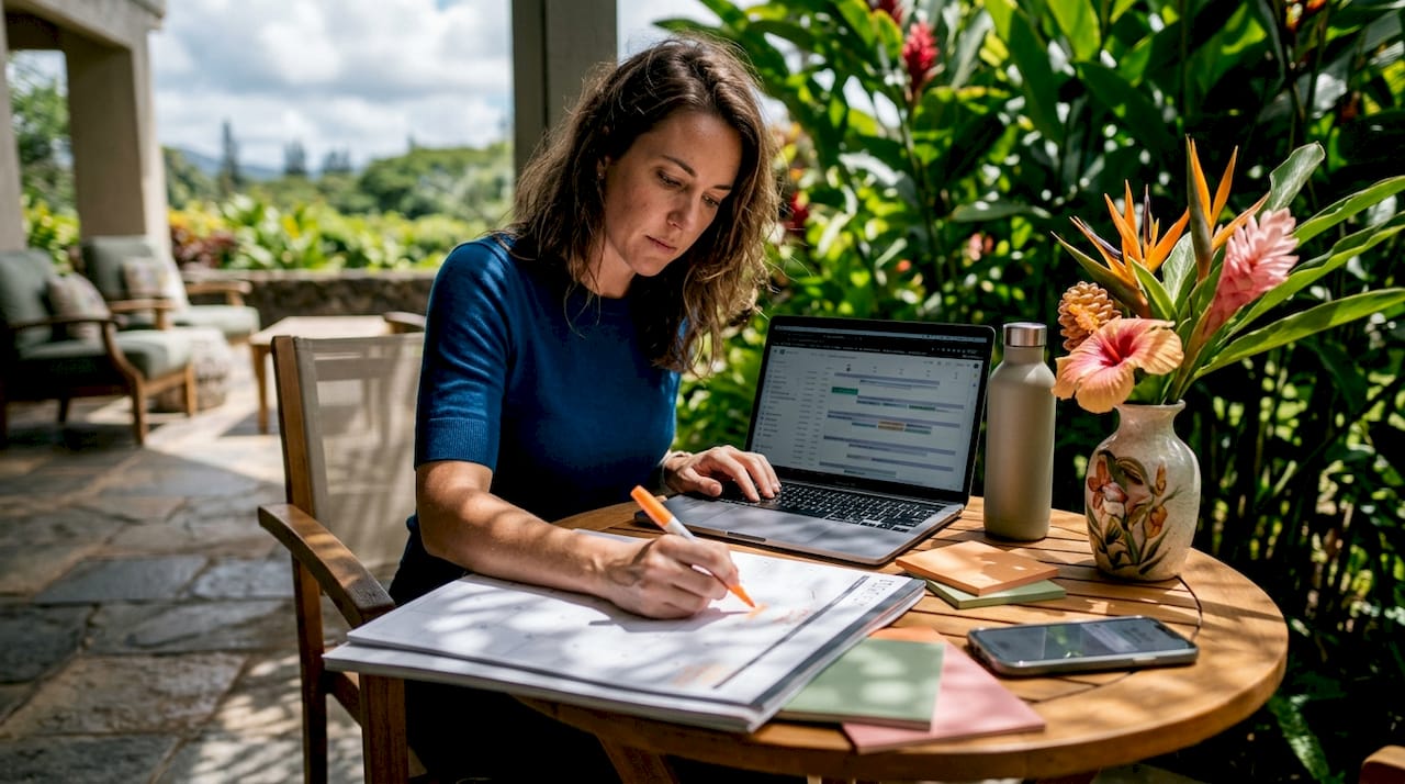 Event planner preparing at dining table