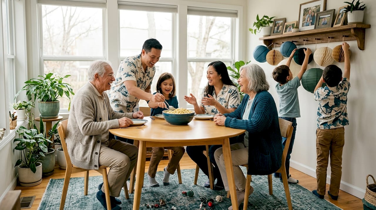 Oahu family celebrating at home gathering