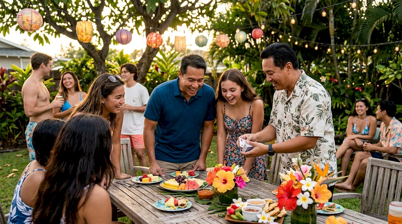 Guests enjoying magician at Oahu party