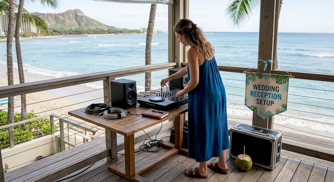 DJ setting up equipment by Oahu beach venue