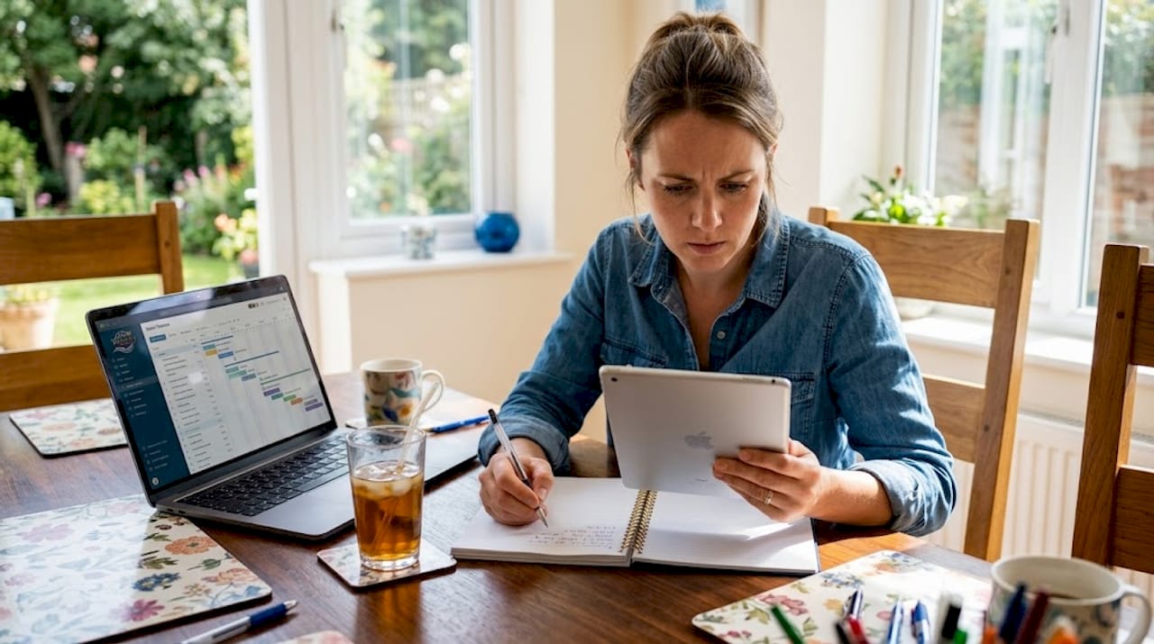 Woman planning Oahu event checklist at table