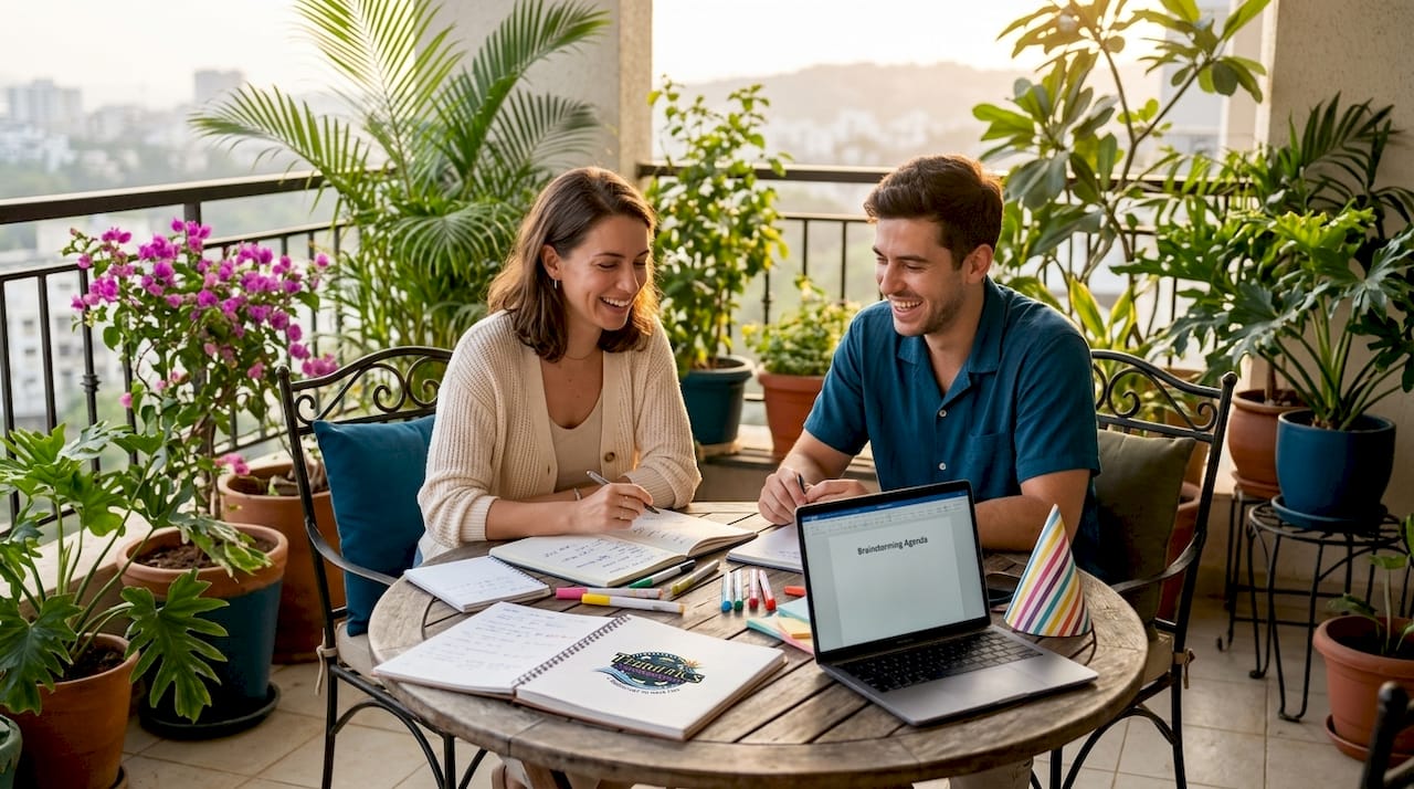 Couple brainstorming unique celebration ideas at table