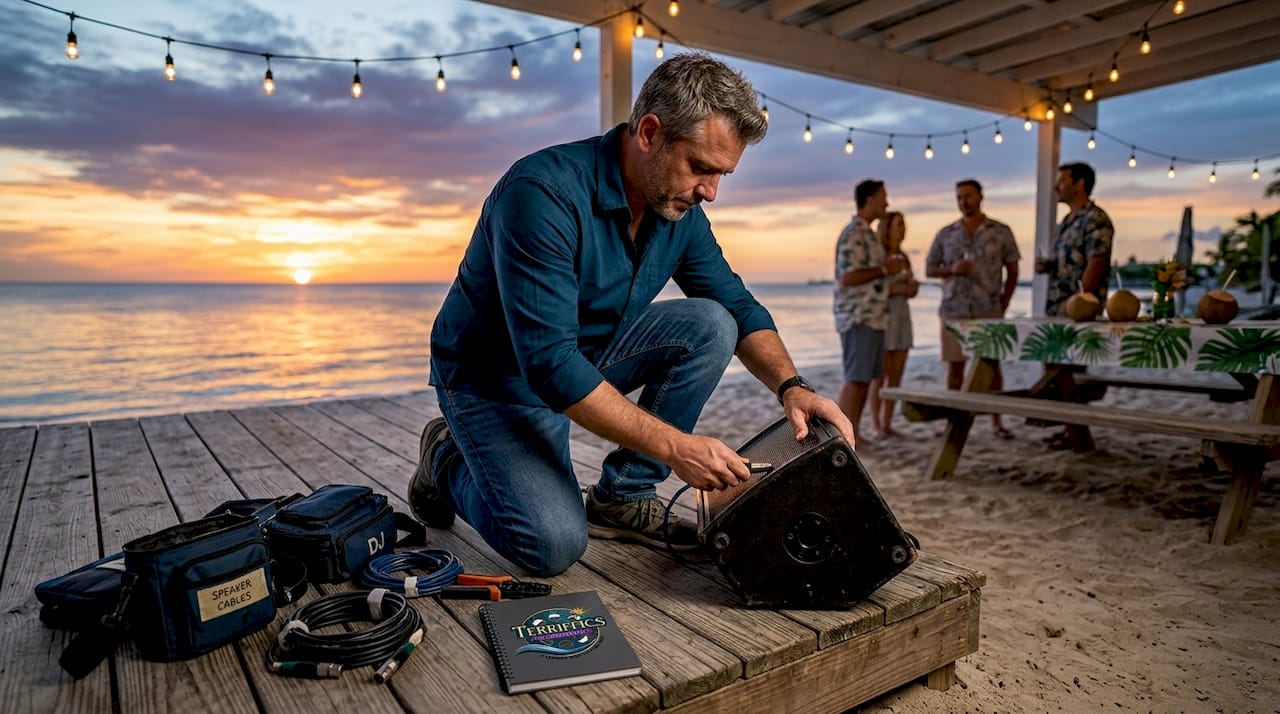 DJ fixing equipment during party event