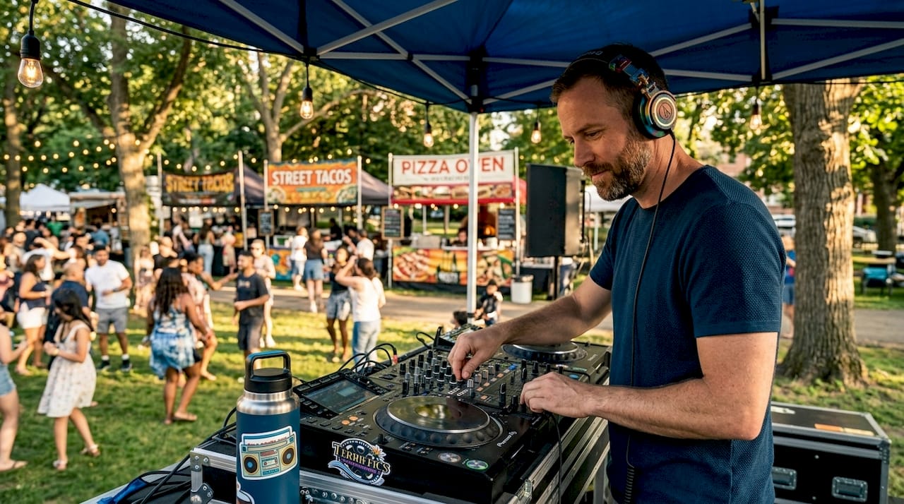 DJ working at lively event with guests