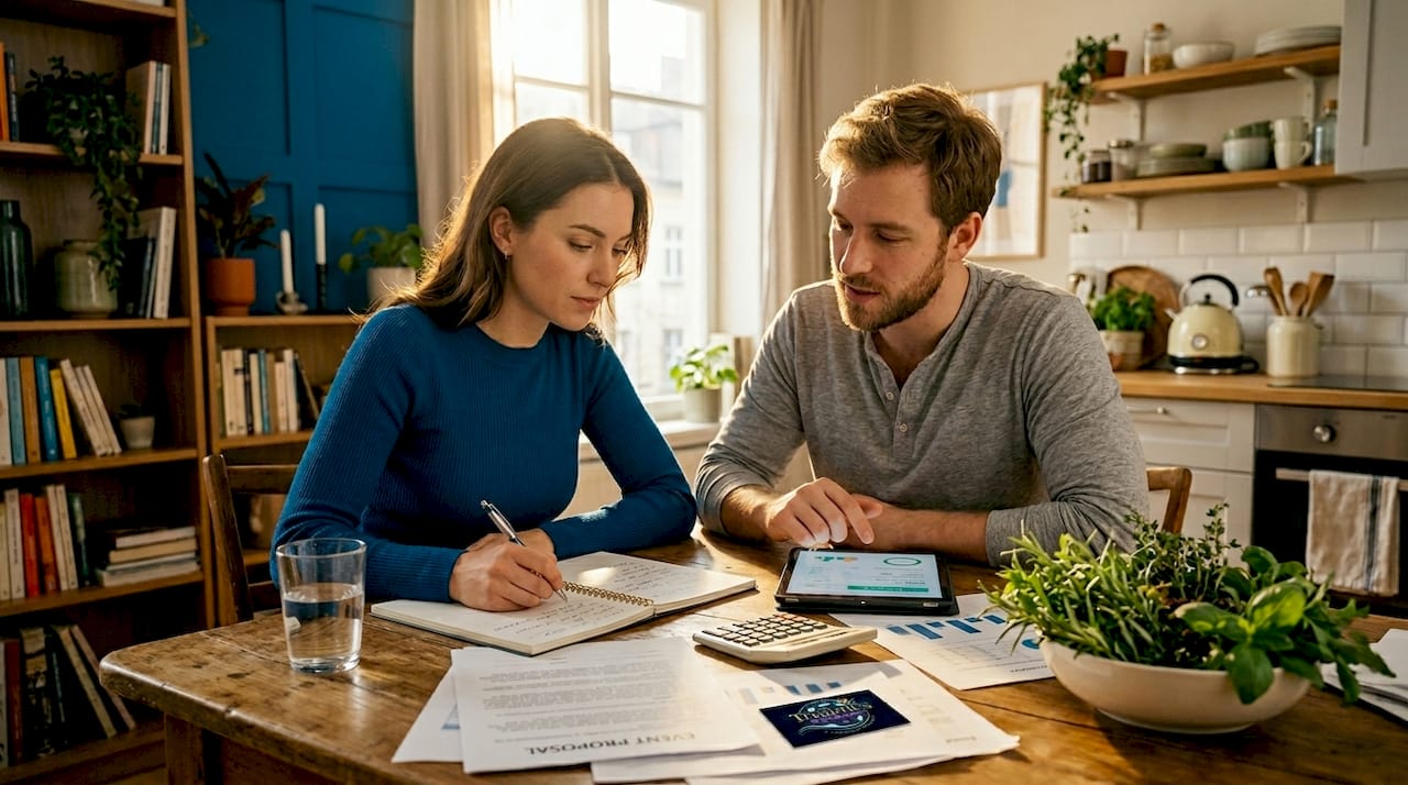 Couple reviewing event goals and budget