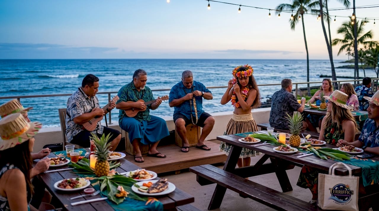 Performers and guests at Oahu luau celebration