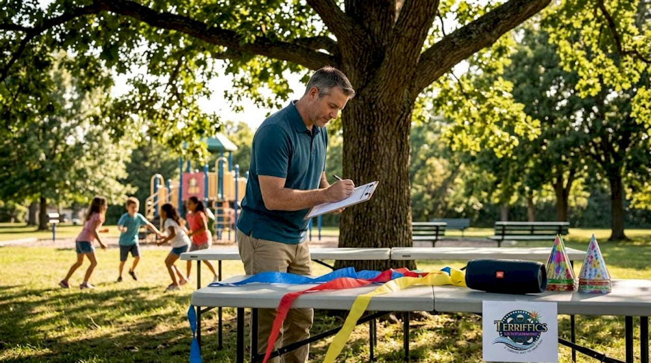 Family event setup with tables and props outdoors