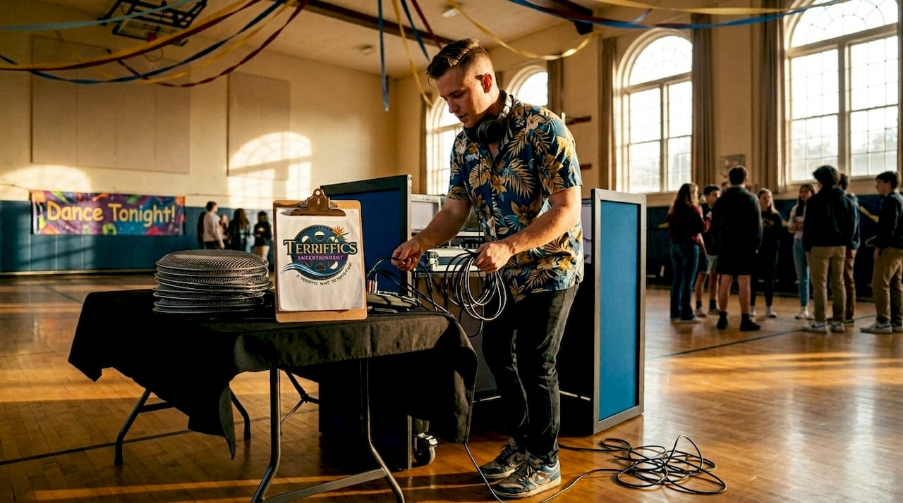 DJ setting up equipment at school event