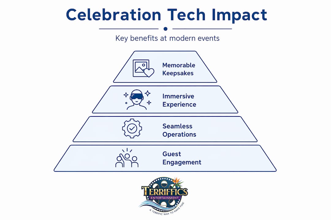 Hierarchy infographic of four celebration technology benefits