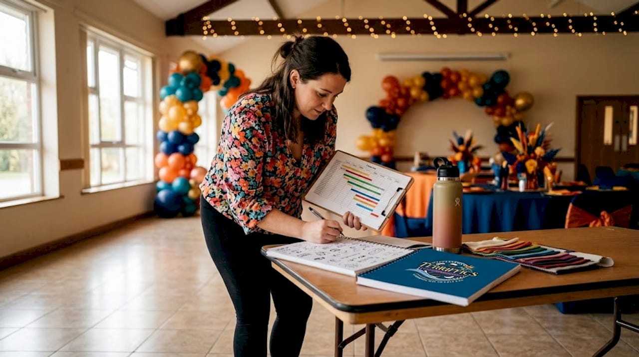 Event planner checking schedule at decorated hall