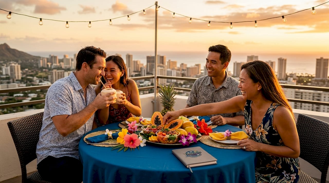 Coworkers sharing food on Honolulu rooftop