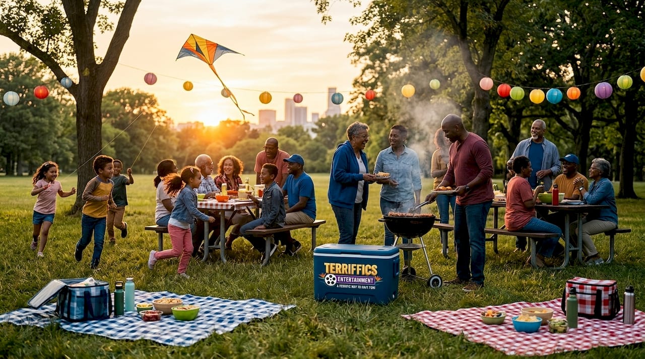 Family celebrating community picnic in park