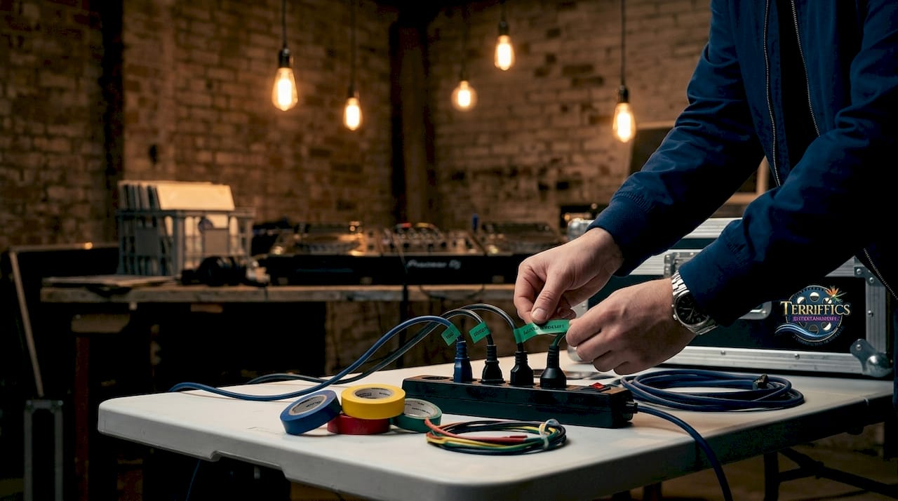 Hands labeling DJ power cables backstage