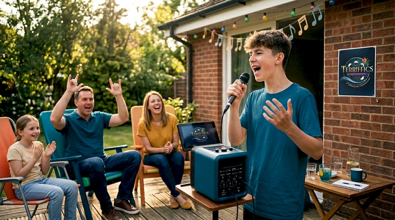 Family singing karaoke in living room