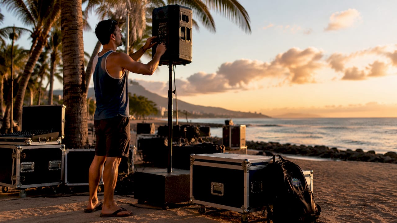 Technician setting up outdoor sound system in Oahu