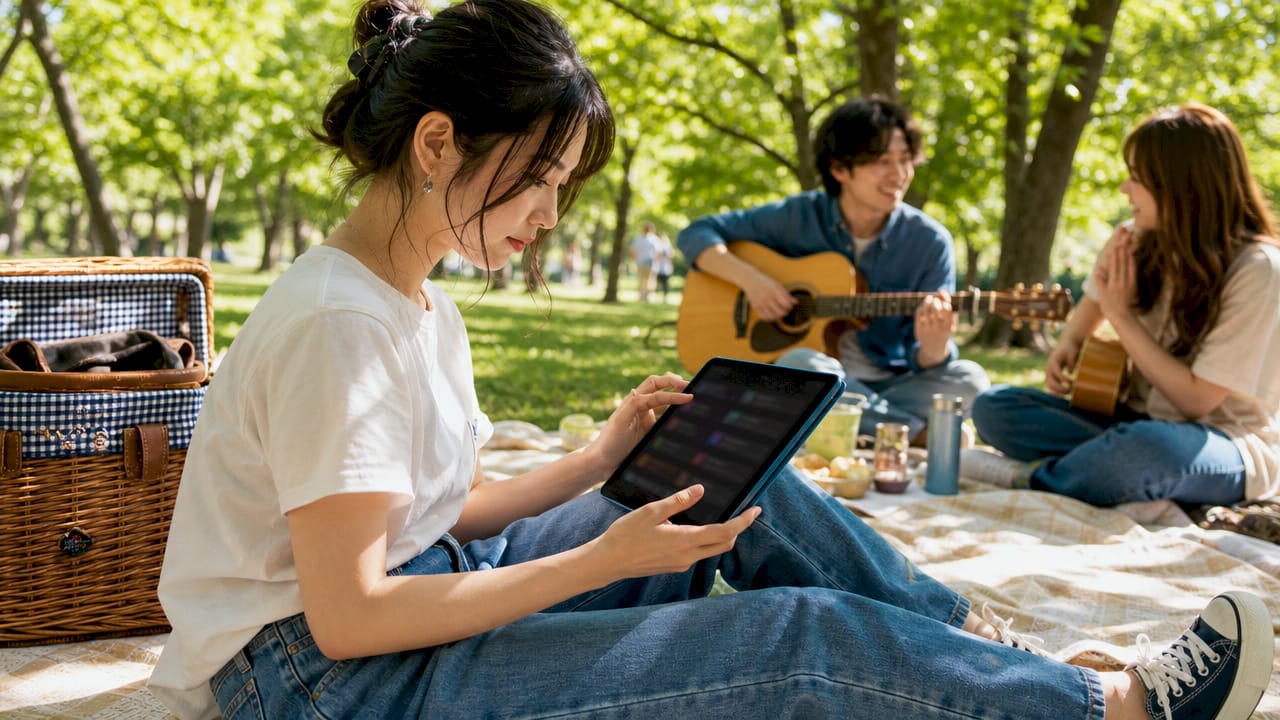 Woman adjusting AI karaoke settings on tablet
