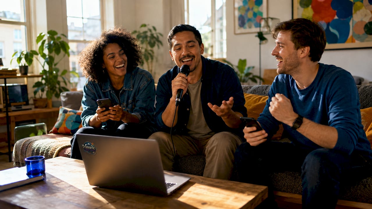Friends using open-source karaoke app at kitchen island