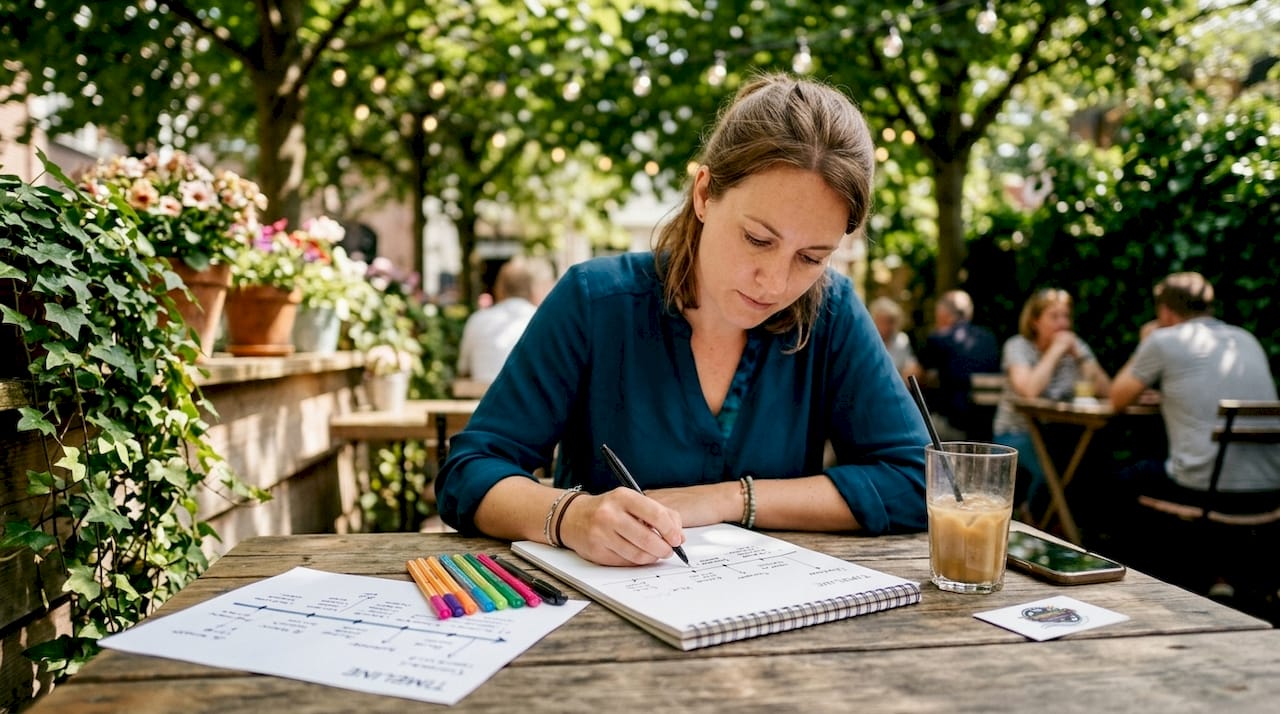 Event planner drawing schedule on paper desk