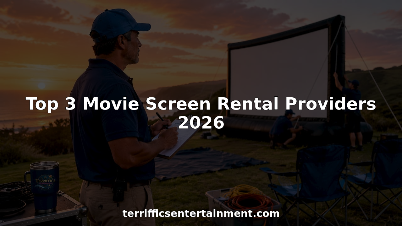 Event coordinator overseeing movie screen setup on beach