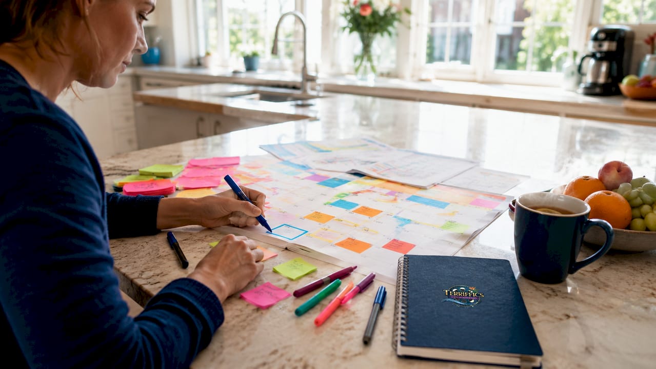 Hands marking event timeline on paper calendar and notes