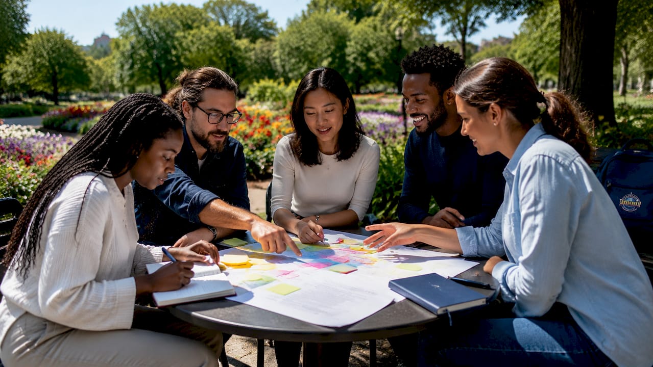 Diverse group planning event at bright coworking table