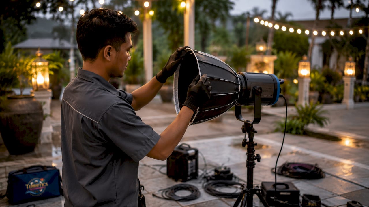 Technician adjusting fill light in ballroom setting