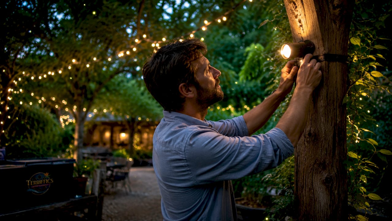 Hands adjusting LED uplight at event