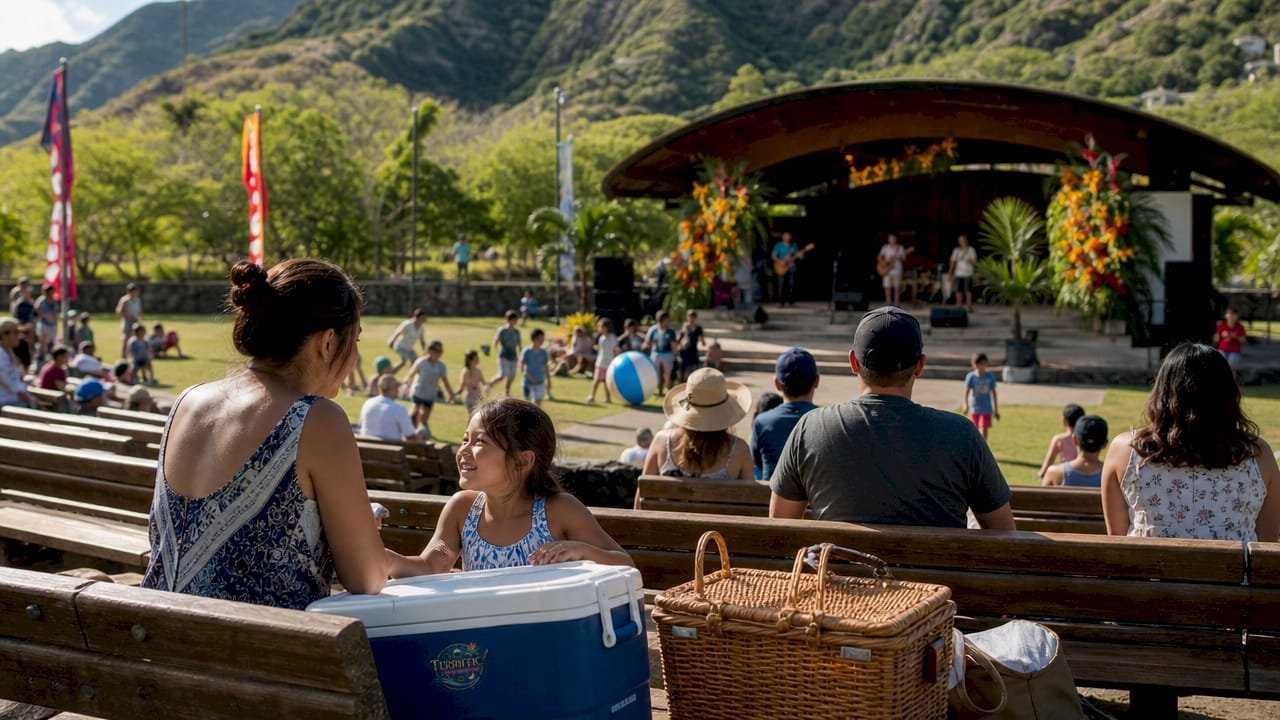 Families gathering at Oahu outdoor amphitheater