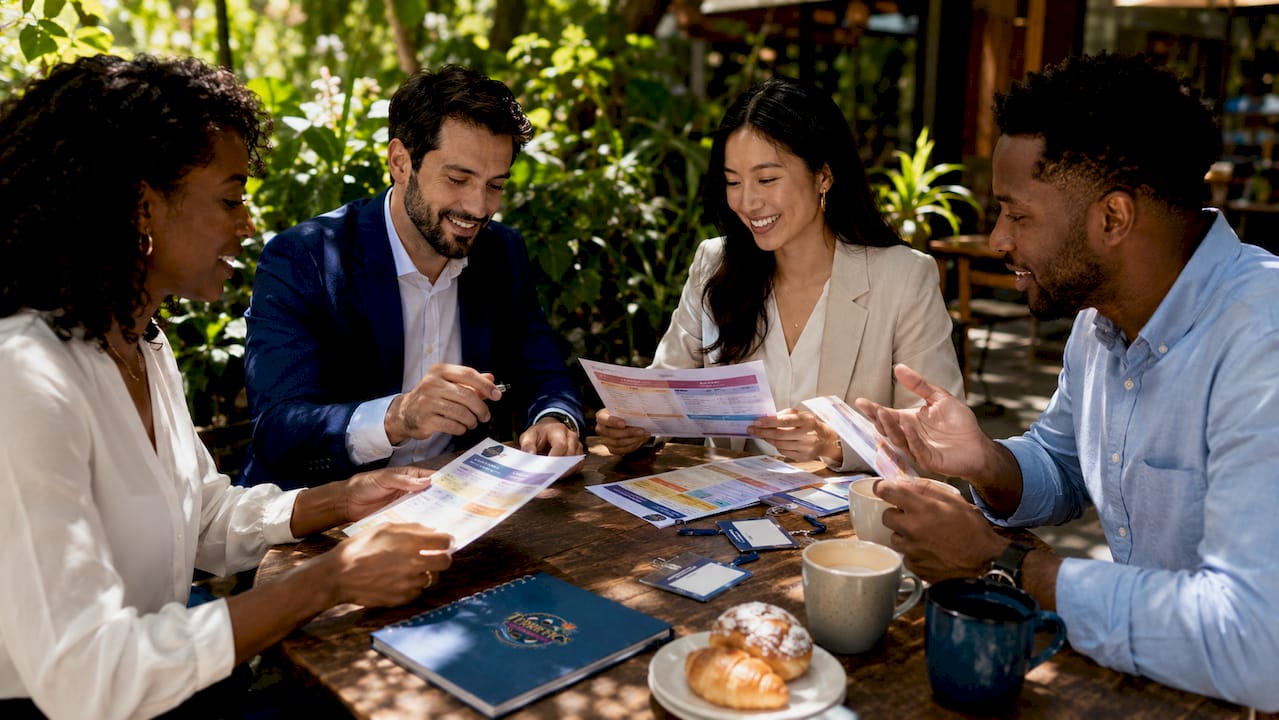 Professionals engaging with personalized event materials