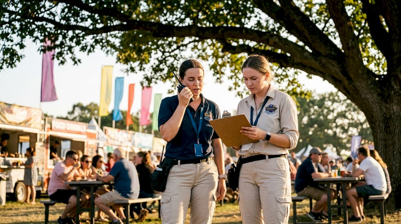 Event team coordinating on-site logistics at festival